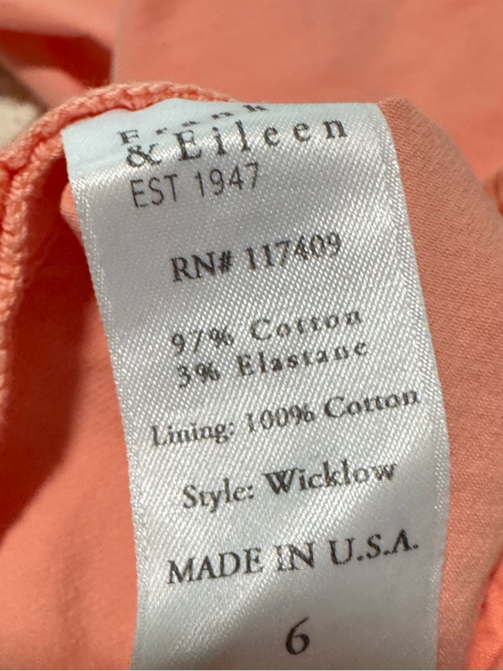Frank & Eileen Wicklow Cotton Chino Italian Twill Size 6 - Picture 7 of 8